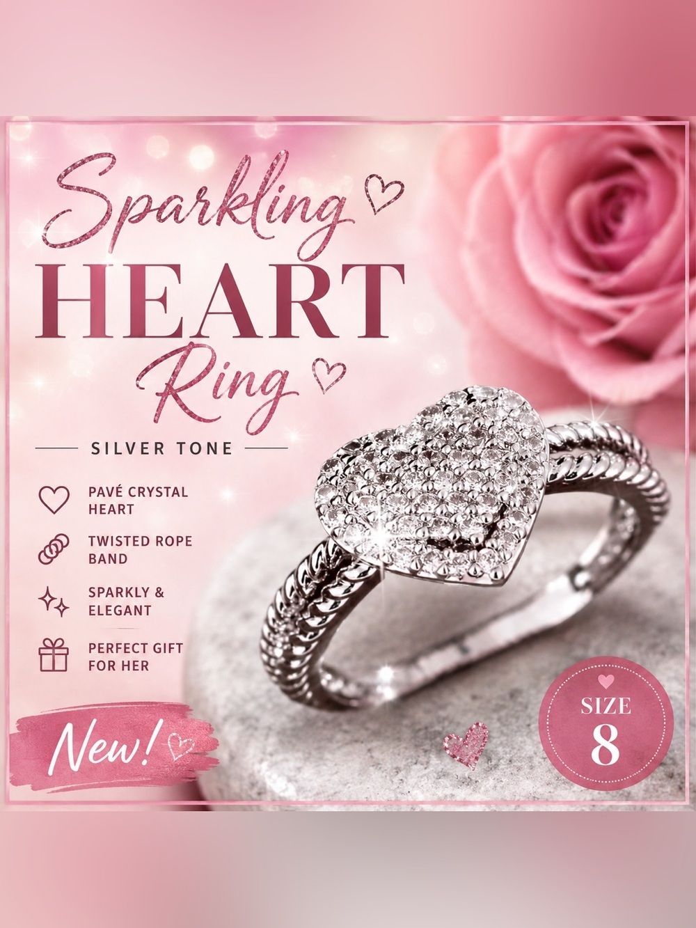 Size 8 Silver Tone Pavé Crystal Heart Ring | Twisted Rope Band | New